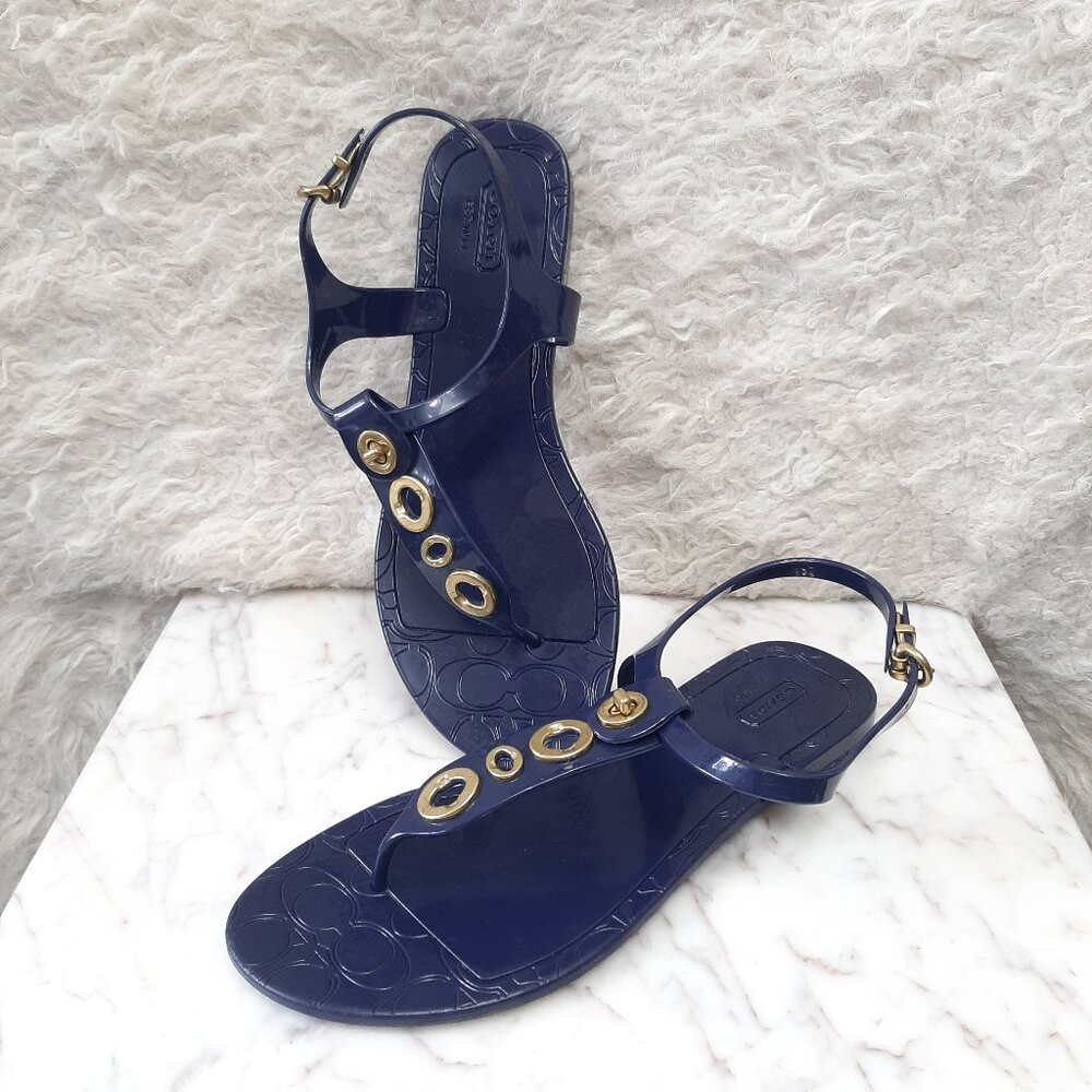 Coach Women’s Navy Blue Gold Phila Jelly Thong Sandals Size 8B